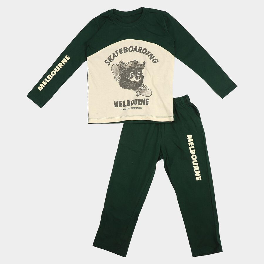 Boys' Green 100% Cotton Round Neck Graphic Print Baba Suit, गहरा हरा, large