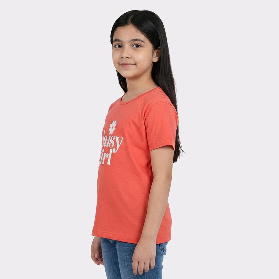 Girls' Coral Round Neck Regular T-Shirt, मूँगा (कोरल), large