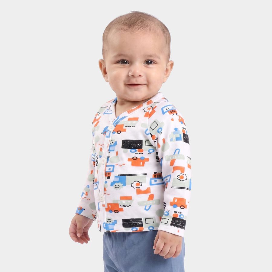 Infants White Cotton Henley Neck Printed T-Shirt, White, large