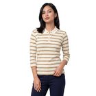 Women's Beige Polo Neck Striped Regular Top, Beige, small