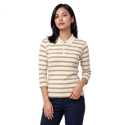 Women's Beige Polo Neck Striped Regular Top