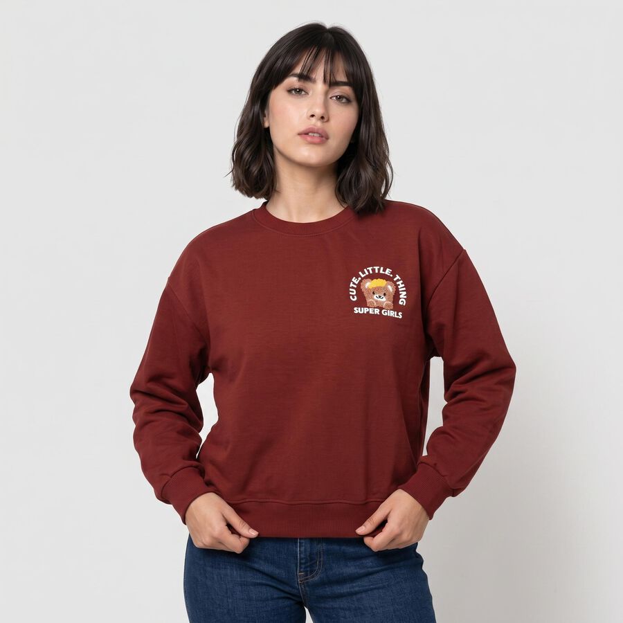 Women Maroon Crew Neck Pullover Sweatshirt, Rust, large