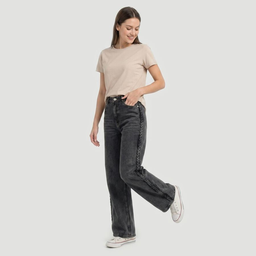 Women's Dark Grey Straight Fit Braided Side Tape Jeans, गहरा ग्रे, large