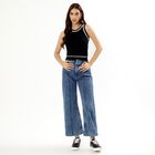 Women's Stonewashed Blue Wide-Leg High-Rise Jeans, मध्यम नीला, small image number null