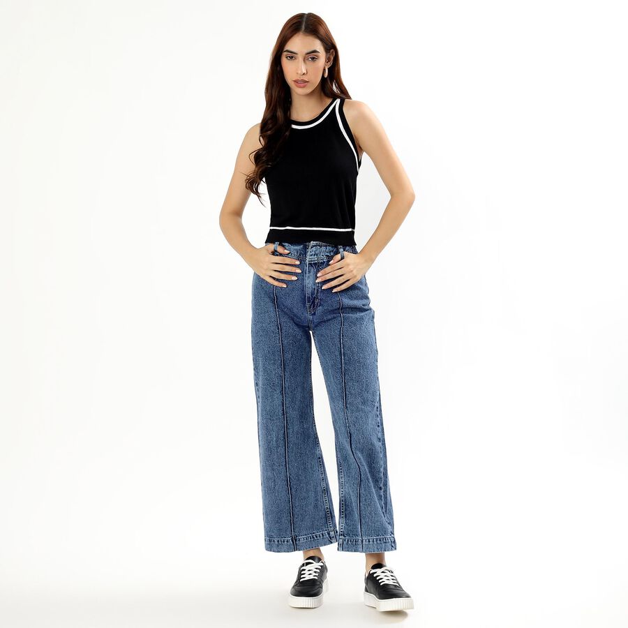 Women's Stonewashed Blue Wide-Leg High-Rise Jeans, मध्यम नीला, large image number null