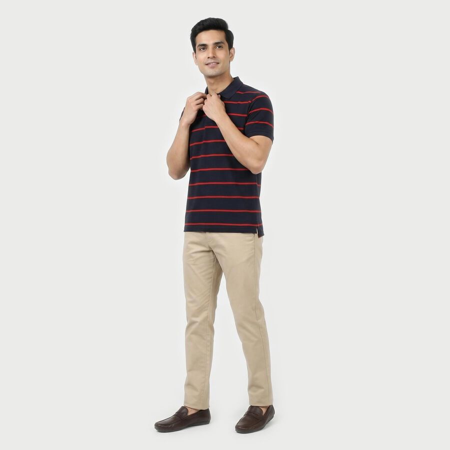 Men's Navy Blue Polo Neck Striped T-Shirt, नेवी ब्लू, large