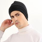 Men's Dark Charcoal Black Textured Knitted Winter Cap, Melange Mid Grey, small image number null