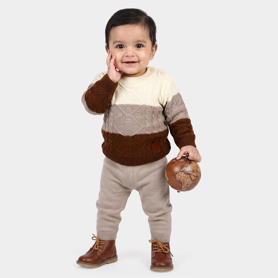 Infants Brown Crew Neck Knitted Design Pullover, भूरा, large