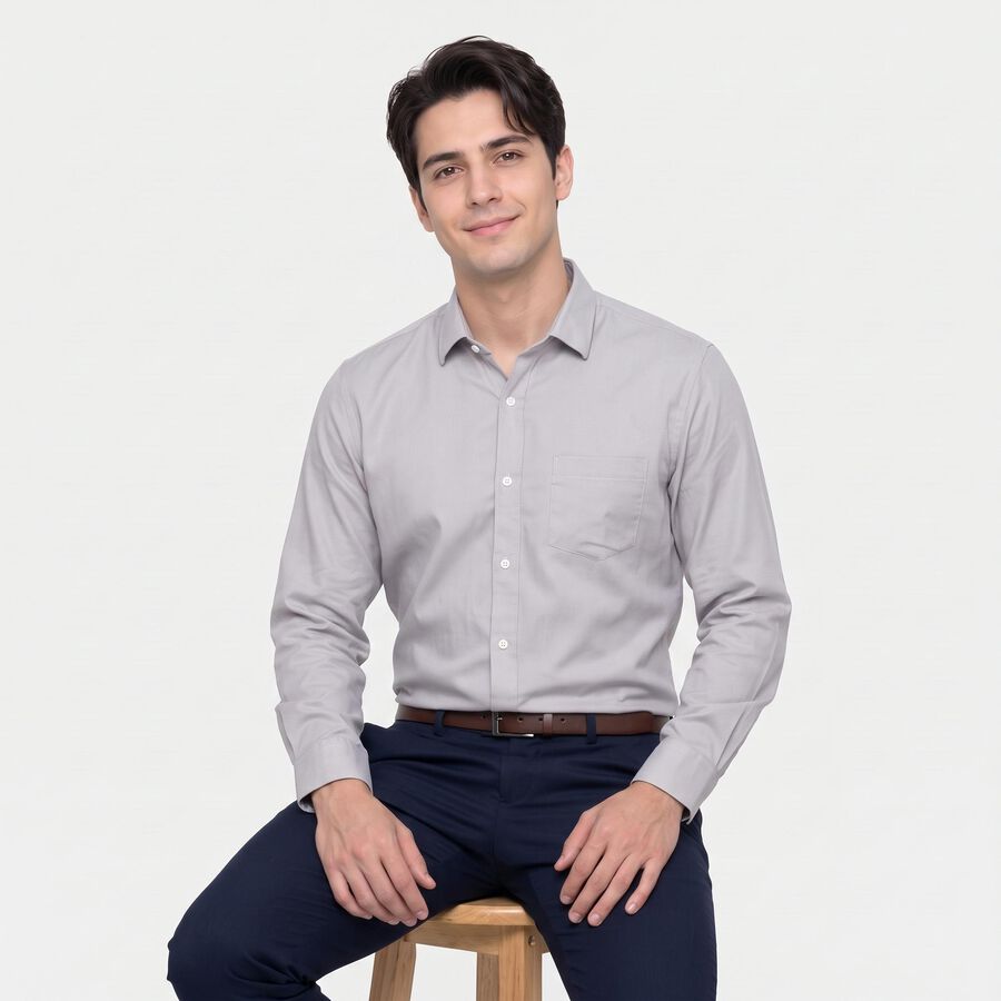 Men's Grey Spread Collar Formal Shirt, हल्का ग्रे, large