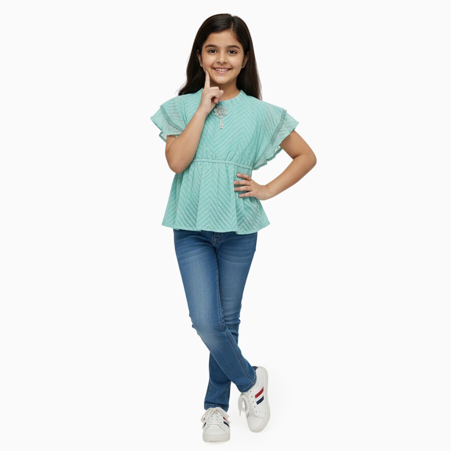 Girls Light Green Round Neck Casual T-Shirt, हल्का हरा, large