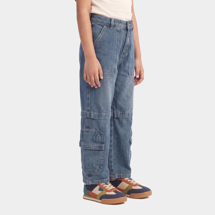 Girls Blue Cargo Fit Utility Pocket Jeans, Mid Blue, large