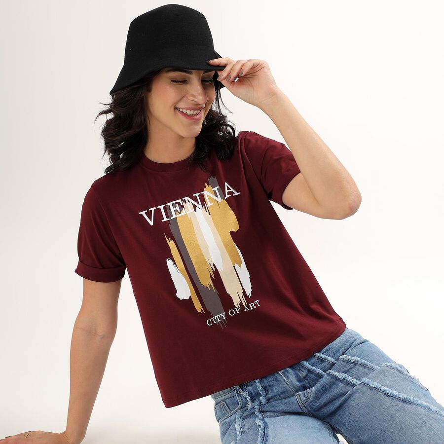 Women's Deep Maroon Round Neck Printed T-Shirt, वाइन, large image number null