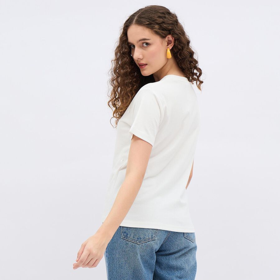 Women's White Round Neck Embellished T-Shirt, सफ़ेद, large image number null