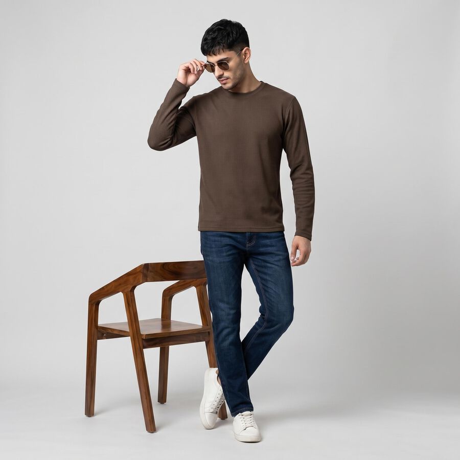 Men's Beige Crew Neck Regular T-Shirt, गहरा पीला, large