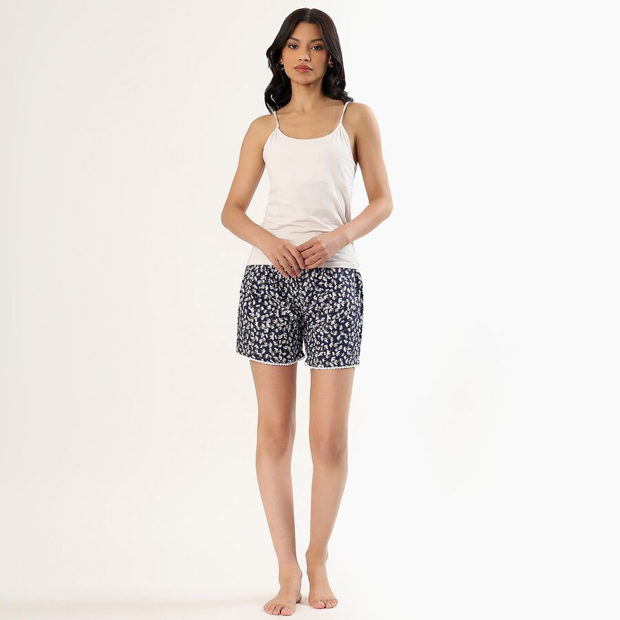Women's Dark Navy Floral Printed Lace Trim Shorts, Navy Blue, large