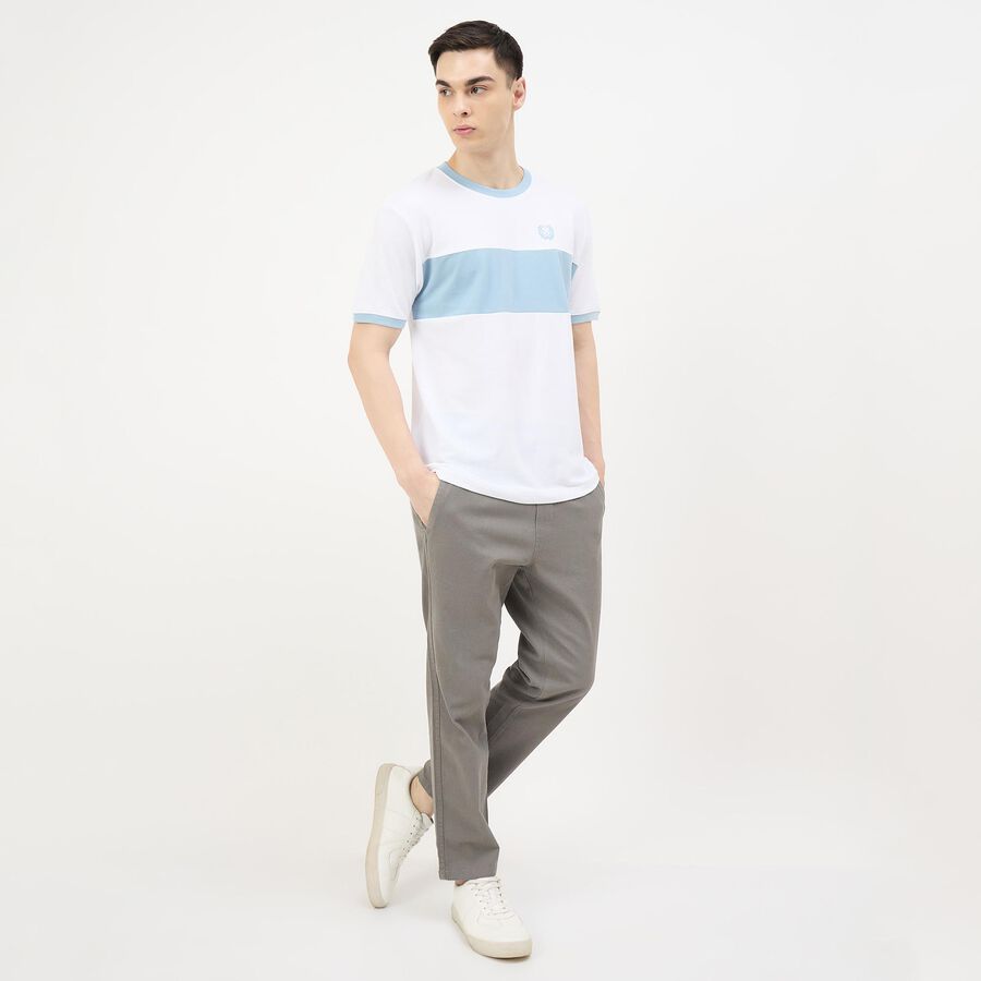 Men's Light Grey Slim Fit Flat-Front Casual Trousers, Light Grey, large