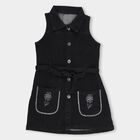 Girls' Jet Black Sleeveless Collared Floral Embroidered Frock, काला, small image number null