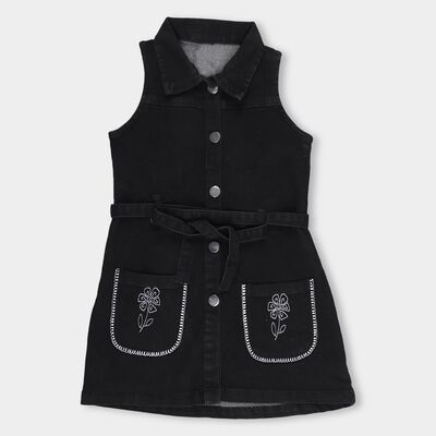 Girls' Jet Black Sleeveless Collared Floral Embroidered Frock