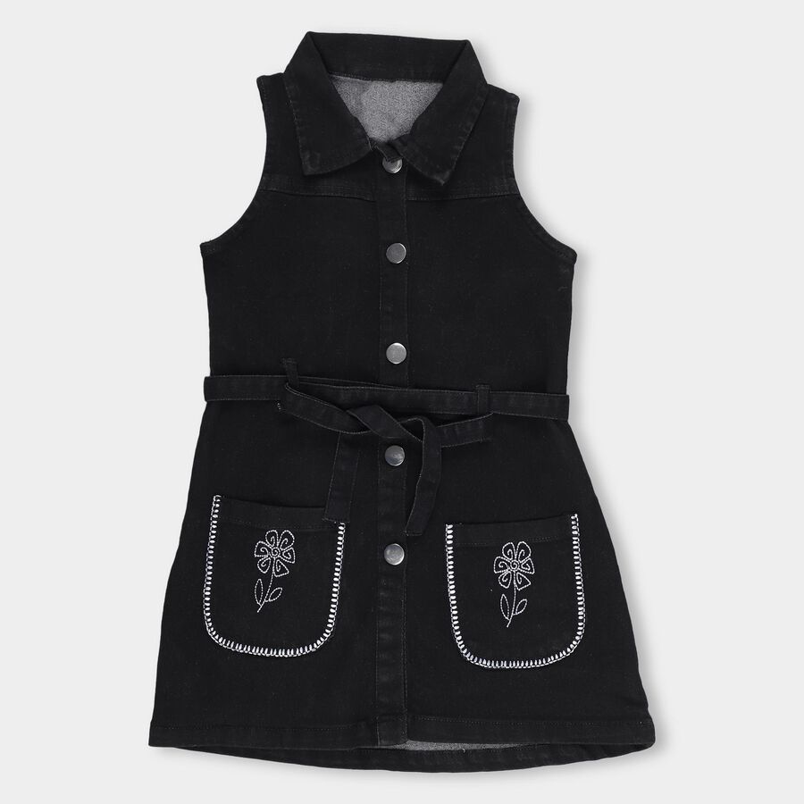 Girls' Jet Black Sleeveless Collared Floral Embroidered Frock, काला, large image number null