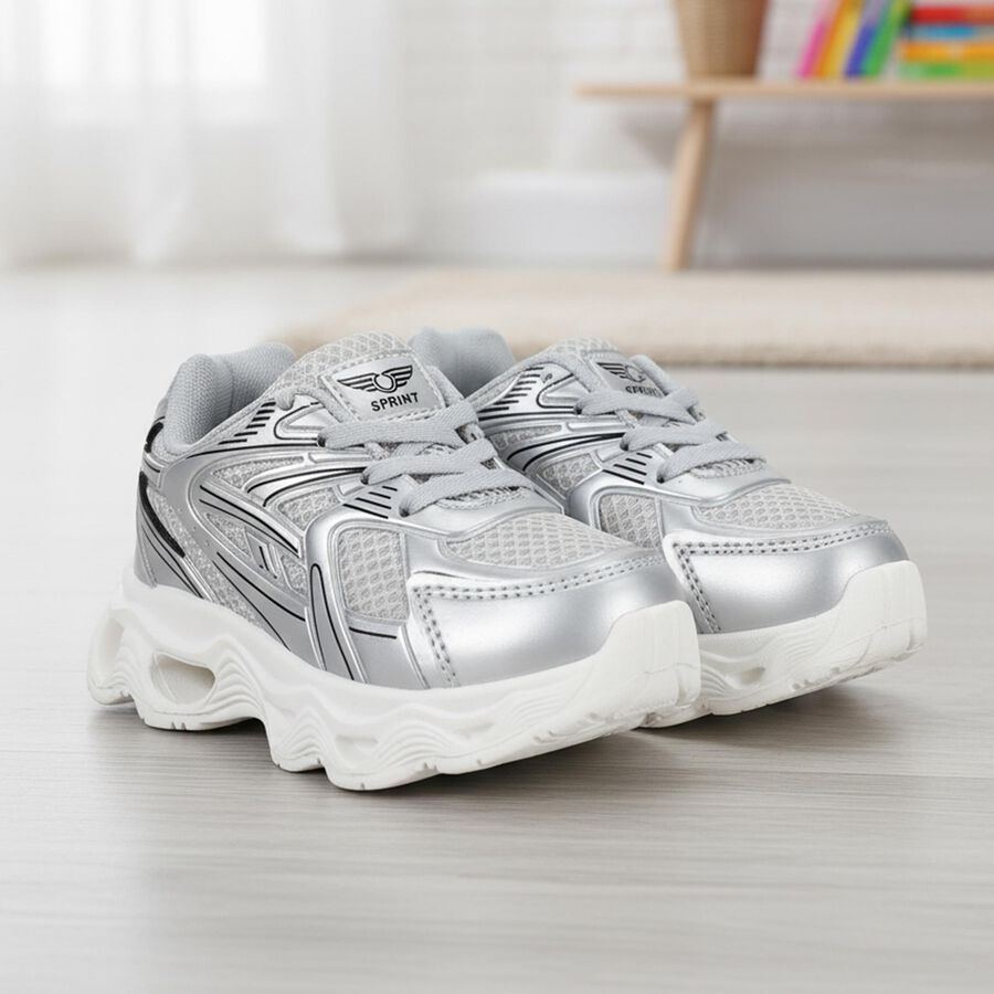 Boys Silver Lace-Up Sneakers, Silver, large