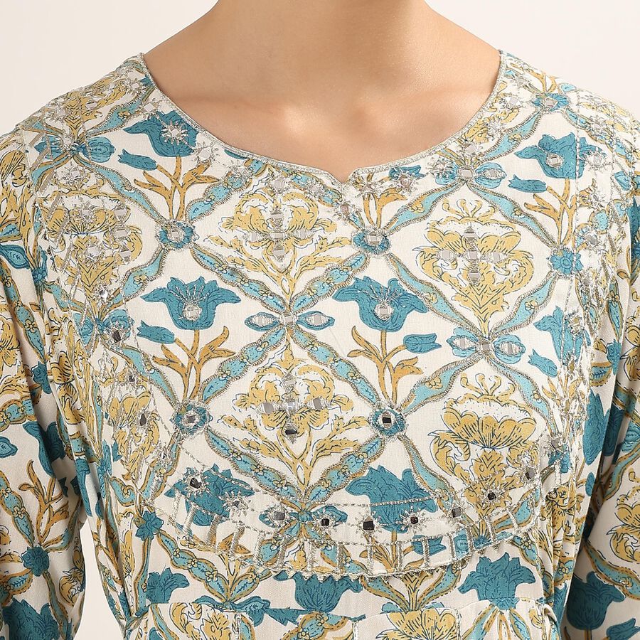 Women's Muted Teal and Beige Round Neck Floral Printed Kurta, Teal Blue, large image number null