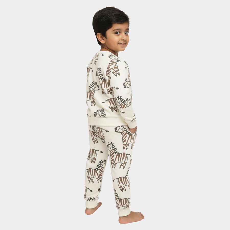 Boys' Off White Round Neck Zebra Printed Baba Suit, Off White, large image number null