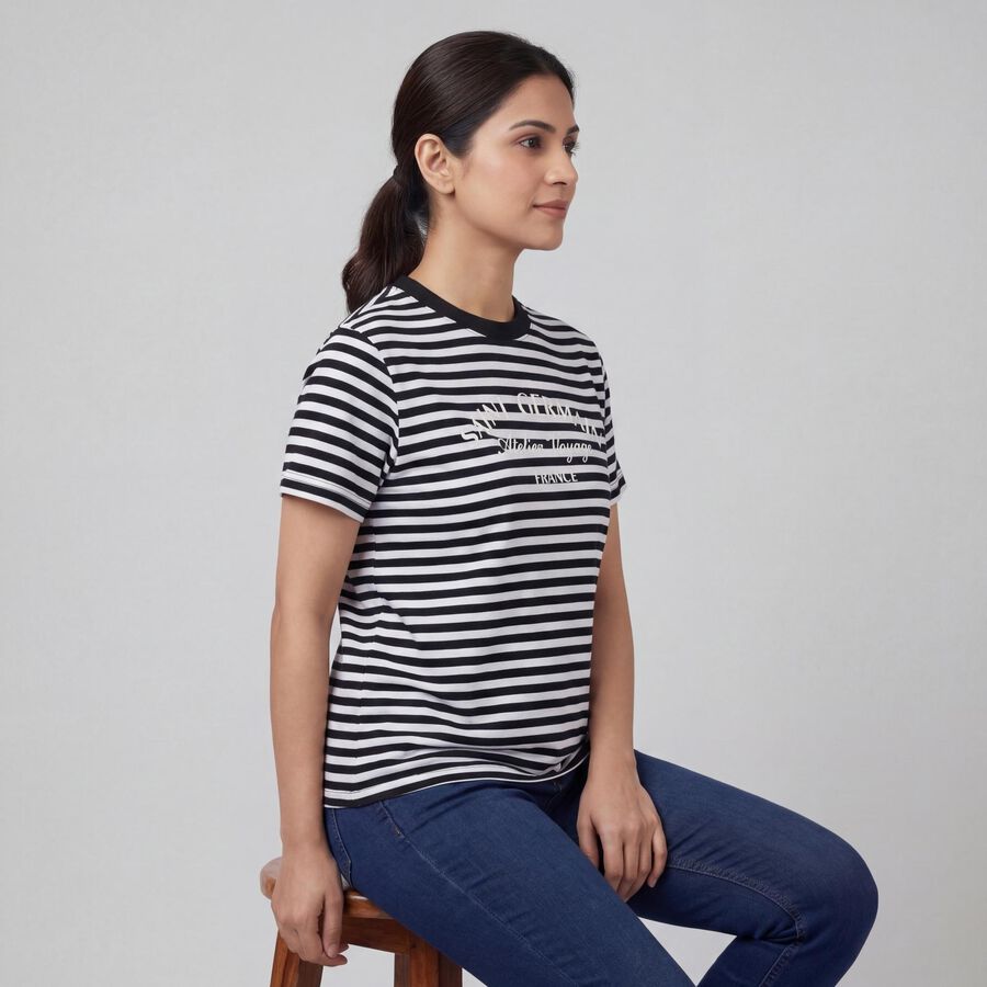 Women's Black Round Neck Casual T-Shirt, काला, large