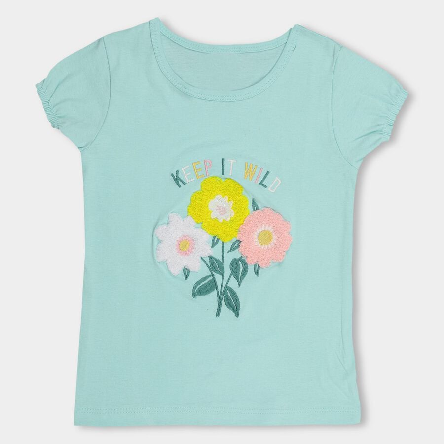 Girls Mint Green Cotton Round Neck Short Sleeve T-Shirt, Light Green, large image number null
