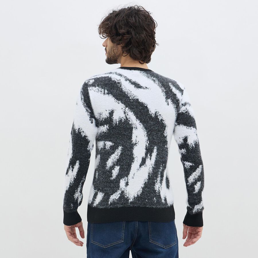 Men's Black and White Crew Neck Casual Pullover, Black, large image number null