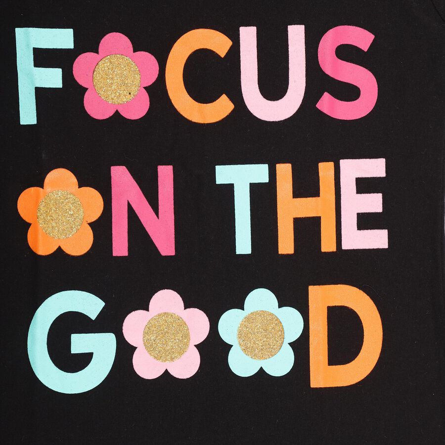 Girls' Jet Black Cotton Crew Neck Casual T-Shirt, Black, large image number null