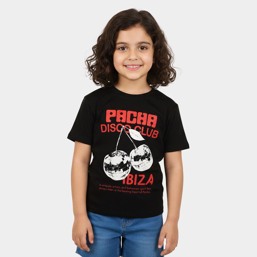 Girls Black Round Neck Regular Graphic Print T-Shirt, काला, large