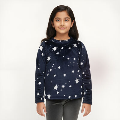 Girls' Deep Navy Blue Star Print Winter Pyjama