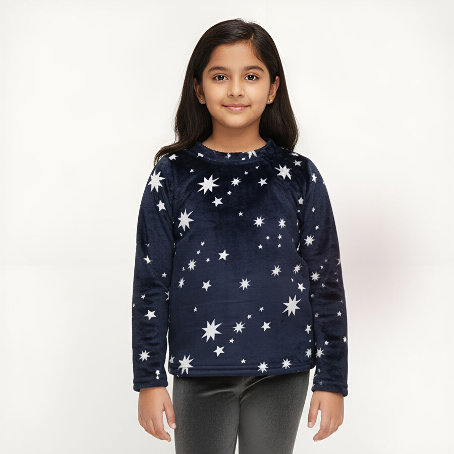 Girls' Deep Navy Blue Star Print Winter Pyjama, नेवी ब्लू, large image number null