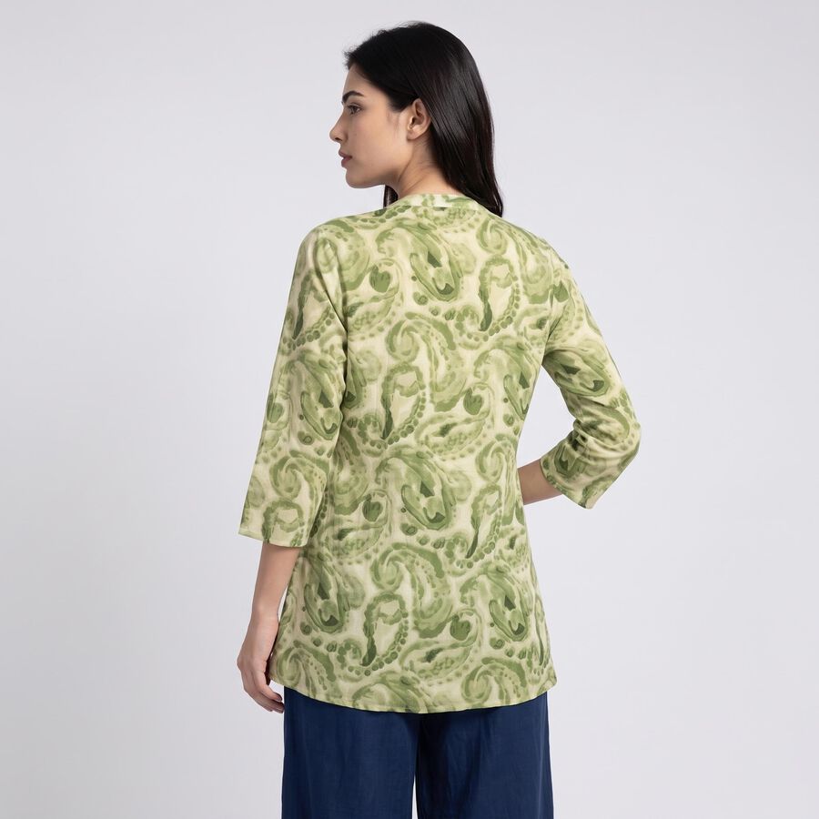 Women's Sage Green Mandarin Collar Printed Flared Kurti, हल्का हरा, large