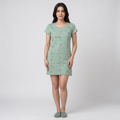 Women's Mint Green Cotton Round Neck T-Shirt Style Nighty