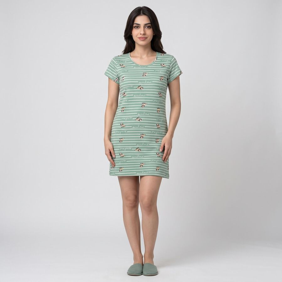 Women's Mint Green Cotton Round Neck T-Shirt Style Nighty, हल्का हरा, large