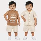 Infants' Beige 100% Cotton Camp Collar Striped Baba Suit, Beige, small