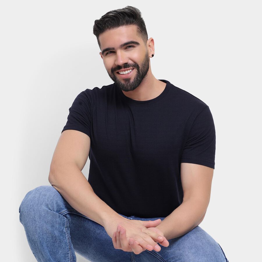 Men's Round Neck Half Sleeves T-Shirt , Navy Blue, large