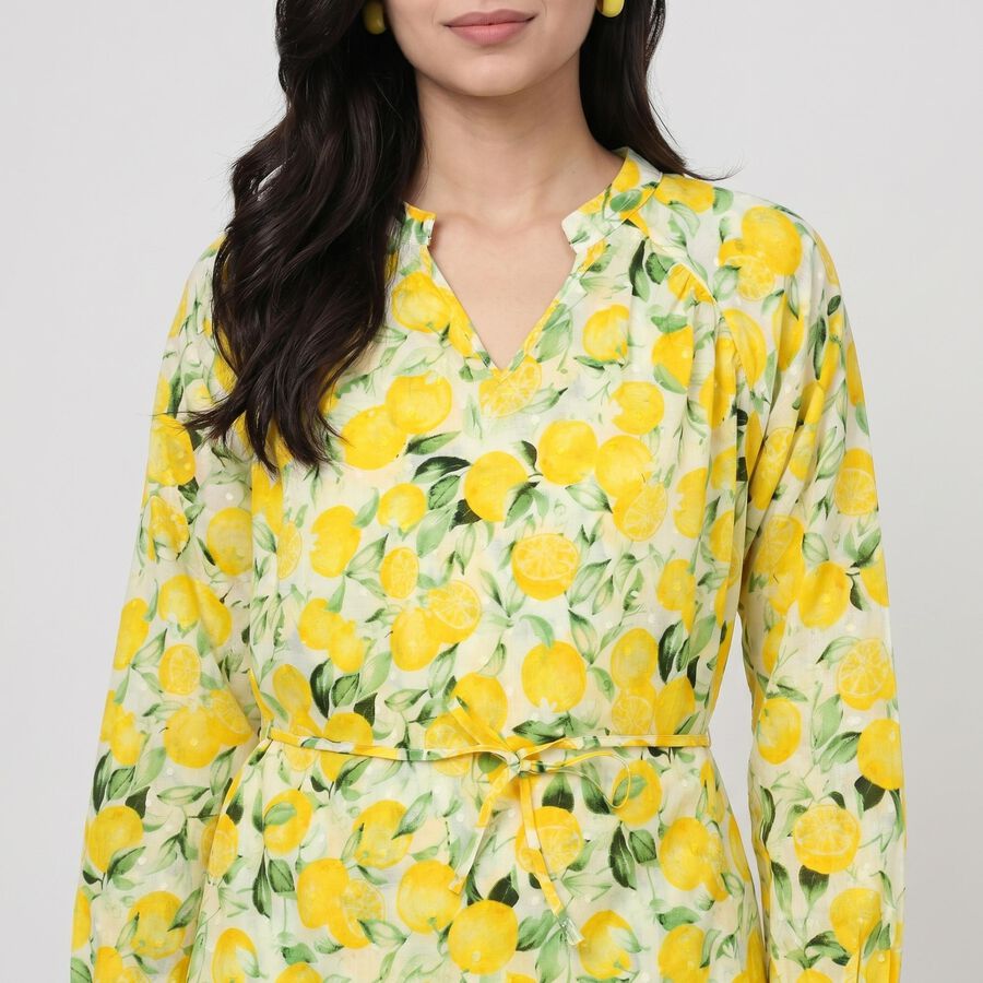 Women's Yellow Cotton V-Neck Fit and Flare Dress, Yellow, large