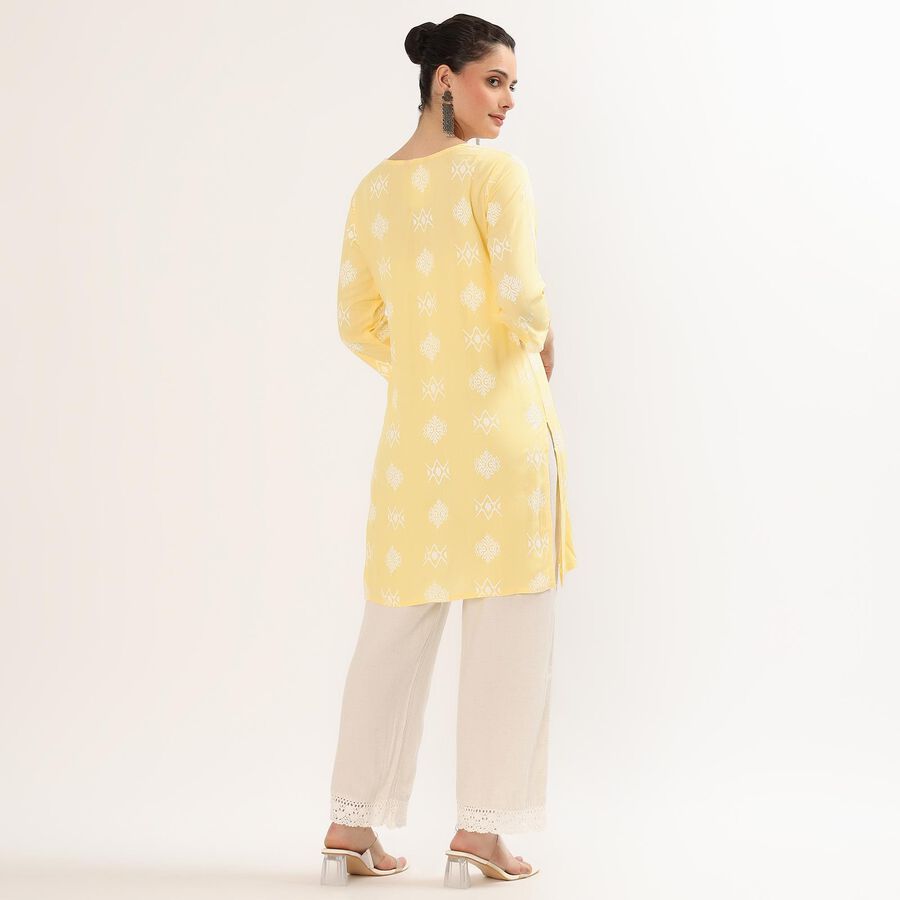 Women's Yellow Round Neck Printed Kurta, Yellow, large