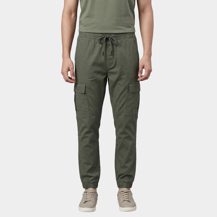 Men's Green Slim Fit Flat-Front Casual Trousers, Light Green, large