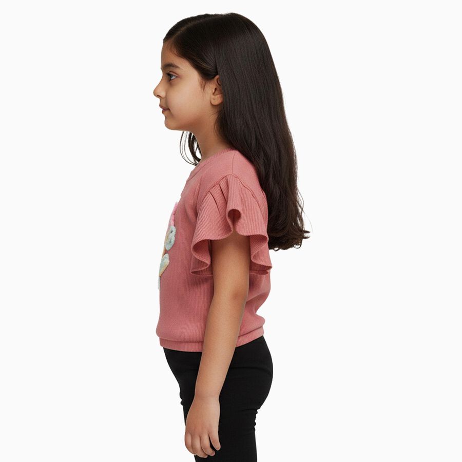 Girls' Dusty Rose Pink Round Neck Ruffle Sleeve Embroidered T-Shirt, गुलाबी, large