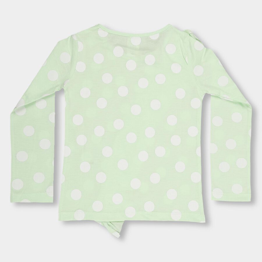 Girls' Light Sage Green Cotton Round Neck Ruffle Sleeve Polka Dot Top, हल्का हरा, large image number null
