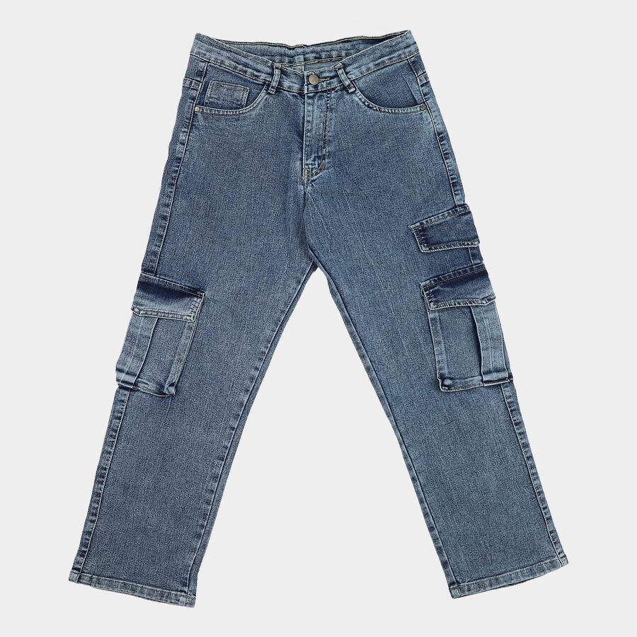 Boys' Blue Regular Fit Cargo Jeans, मध्यम नीला, large