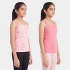 Girls Pink Cotton Sleeveless Straight Neck Vest, Pink, small