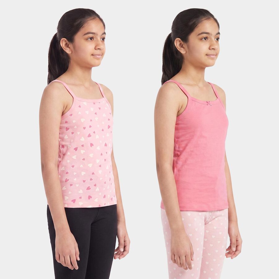 Girls Pink Cotton Sleeveless Straight Neck Vest, Pink, large