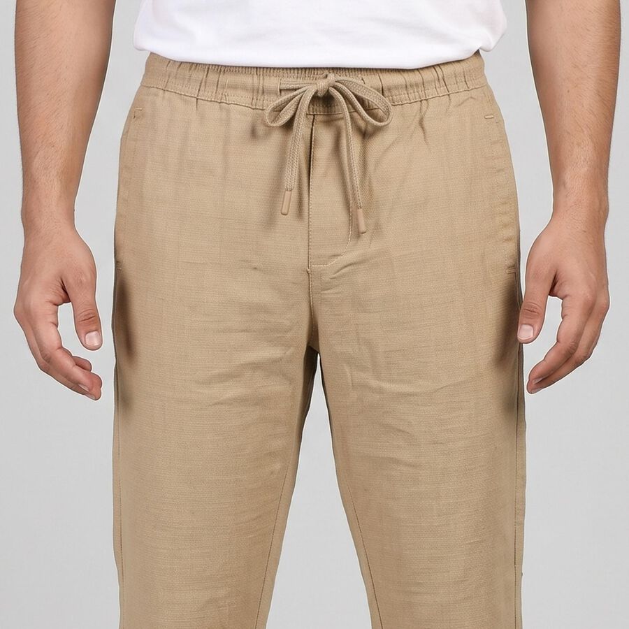 Men's Beige Slim Fit Drawstring Chino Trousers, गहरा पीला, large