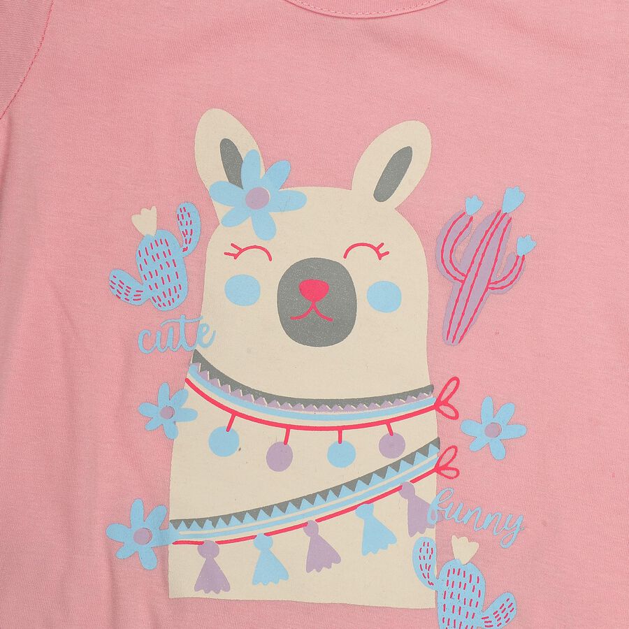 Girls Pink Round Neck Casual T shirt and Capri Set, हल्का गुलाबी, large