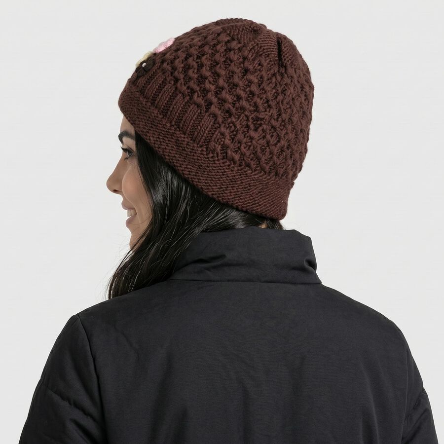 Women's Brown Floral Embellished Beanie Cap, भूरा, large