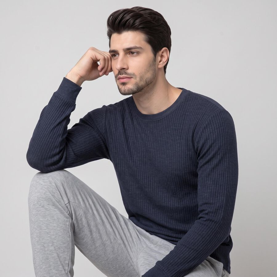 Men's Navy Blue Long Sleeve Thermal, मध्यम नीला, large